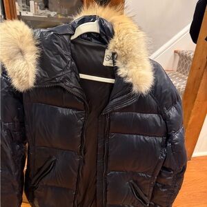 SAM. Navy Puffer Jacket with Fur Trim
